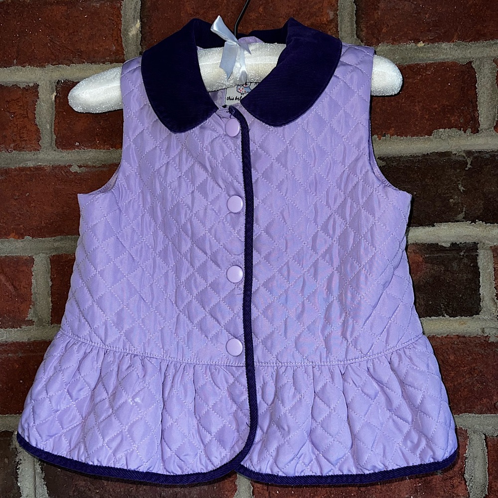 Gymboree lavender silky quilted vest with dark purple corduroy collar & back bow